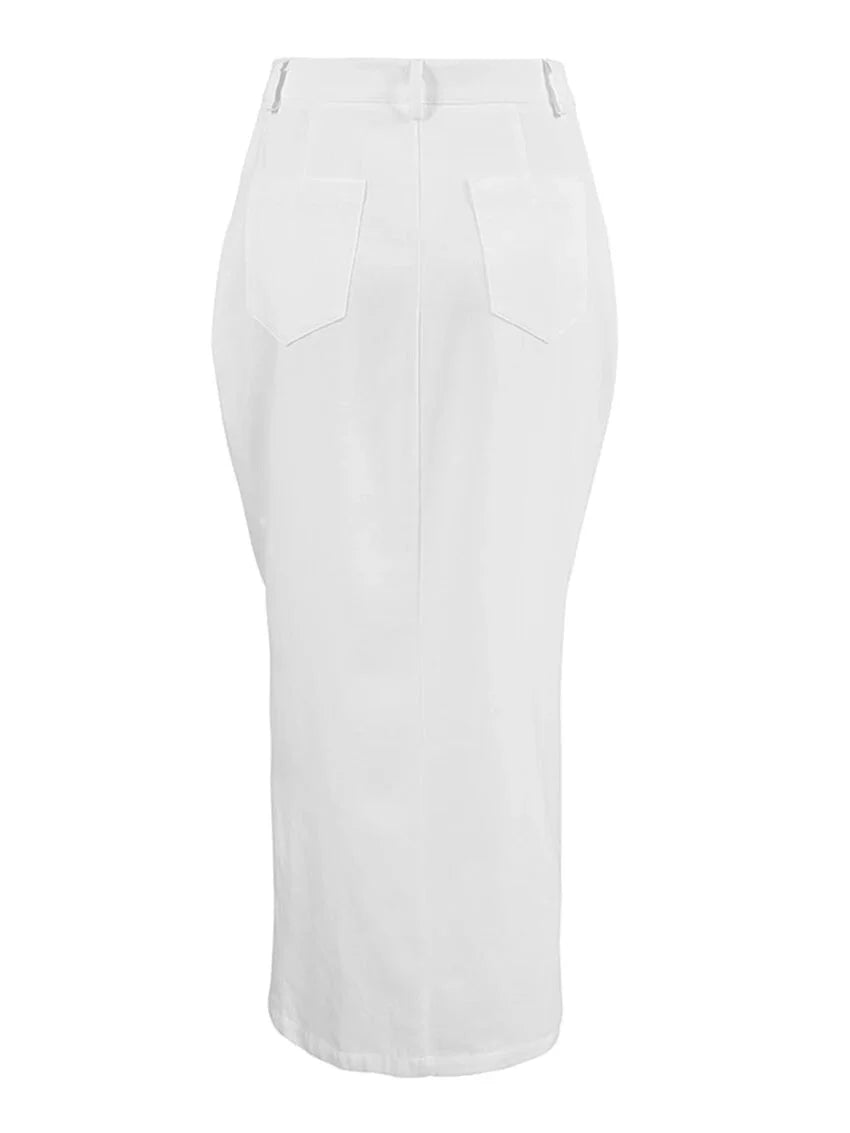 Maxi Dresses - High-Waist Button-Up Midi-Maxi Skirt in Cotton