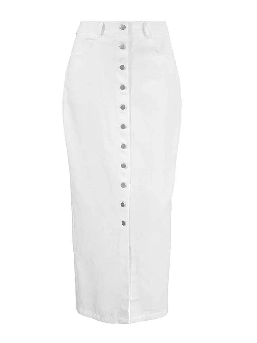 Maxi Dresses - High-Waist Button-Up Midi-Maxi Skirt in Cotton