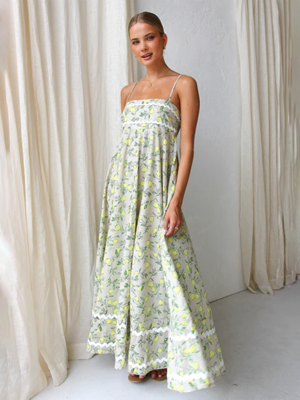 Maxi Dresses- Lemon Print Cami Maxi Dress- - Pekosa Women Fashion