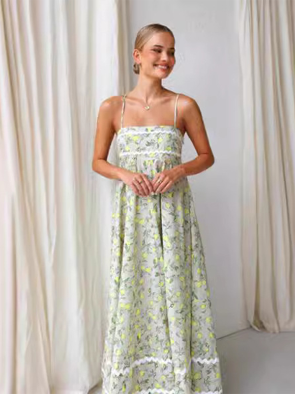 Maxi Dresses- Lemon Print Cami Maxi Dress- Green- Pekosa Women Fashion