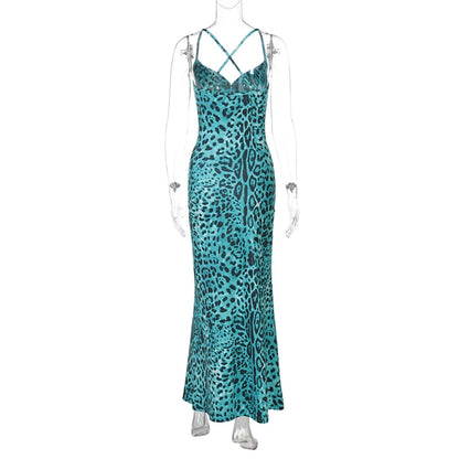 Maxi Dresses - Leopard Turquoise Cami Dress - Evening Elegance