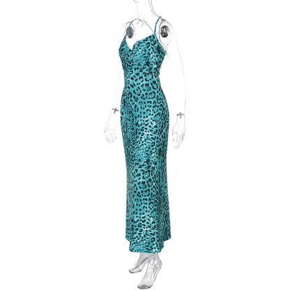 Maxi Dresses - Leopard Turquoise Cami Dress - Evening Elegance