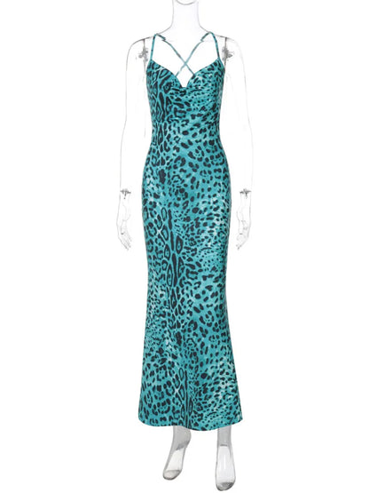 Maxi Dresses - Leopard Turquoise Cami Dress - Evening Elegance