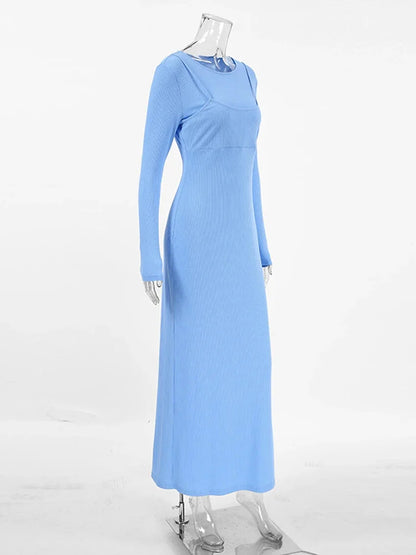 Maxi Dresses - Long Sleeve Ribbed Maxi Dress