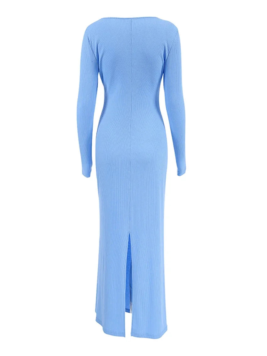 Maxi Dresses - Long Sleeve Ribbed Maxi Dress