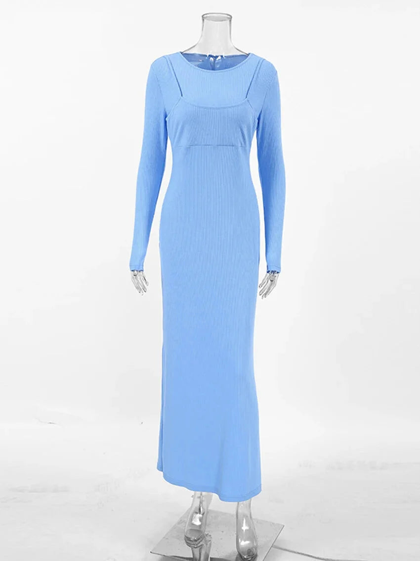 Maxi Dresses - Long Sleeve Ribbed Maxi Dress