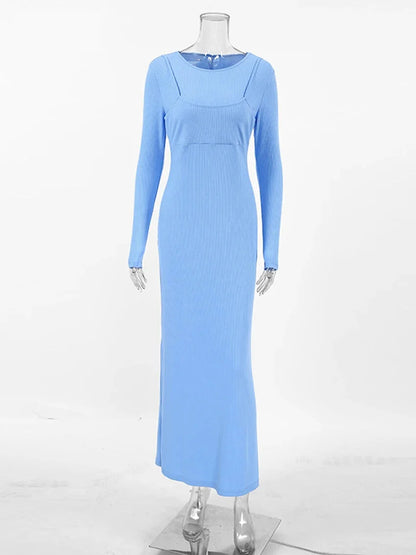 Maxi Dresses - Long Sleeve Ribbed Maxi Dress