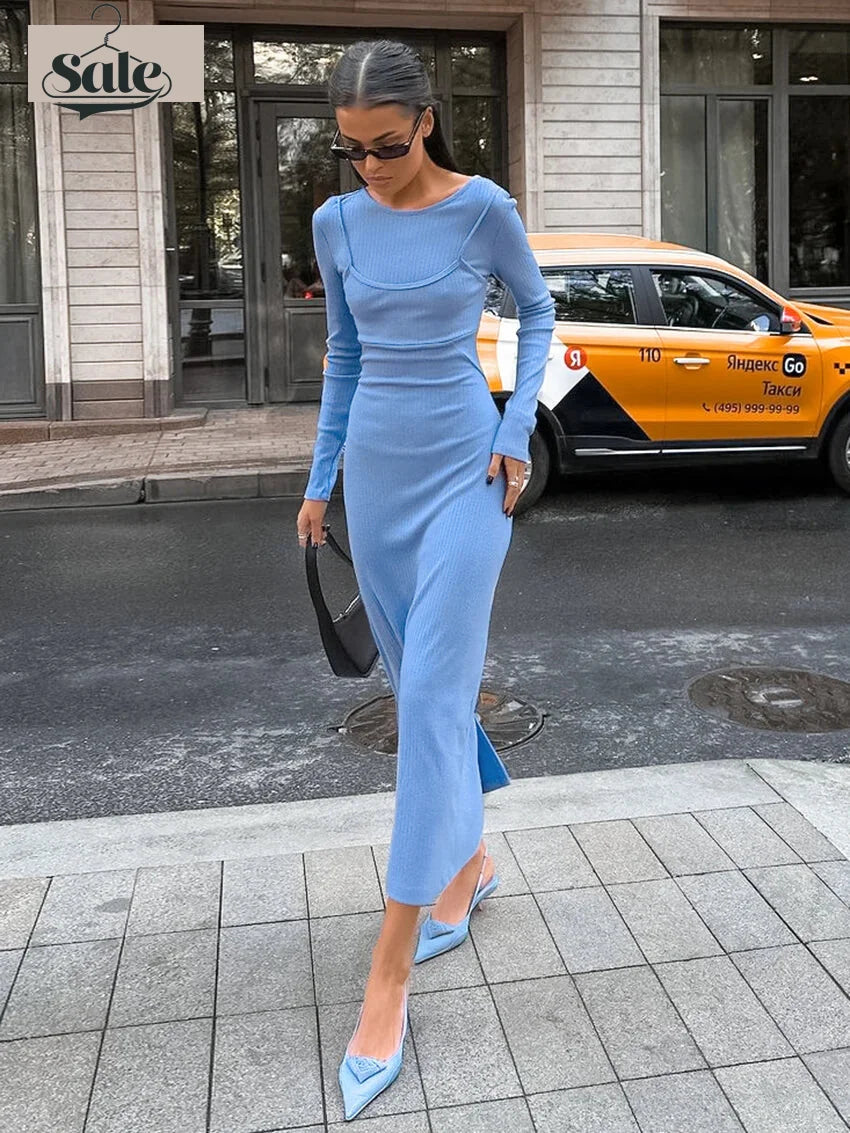 Maxi Dresses - Long Sleeve Ribbed Maxi Dress