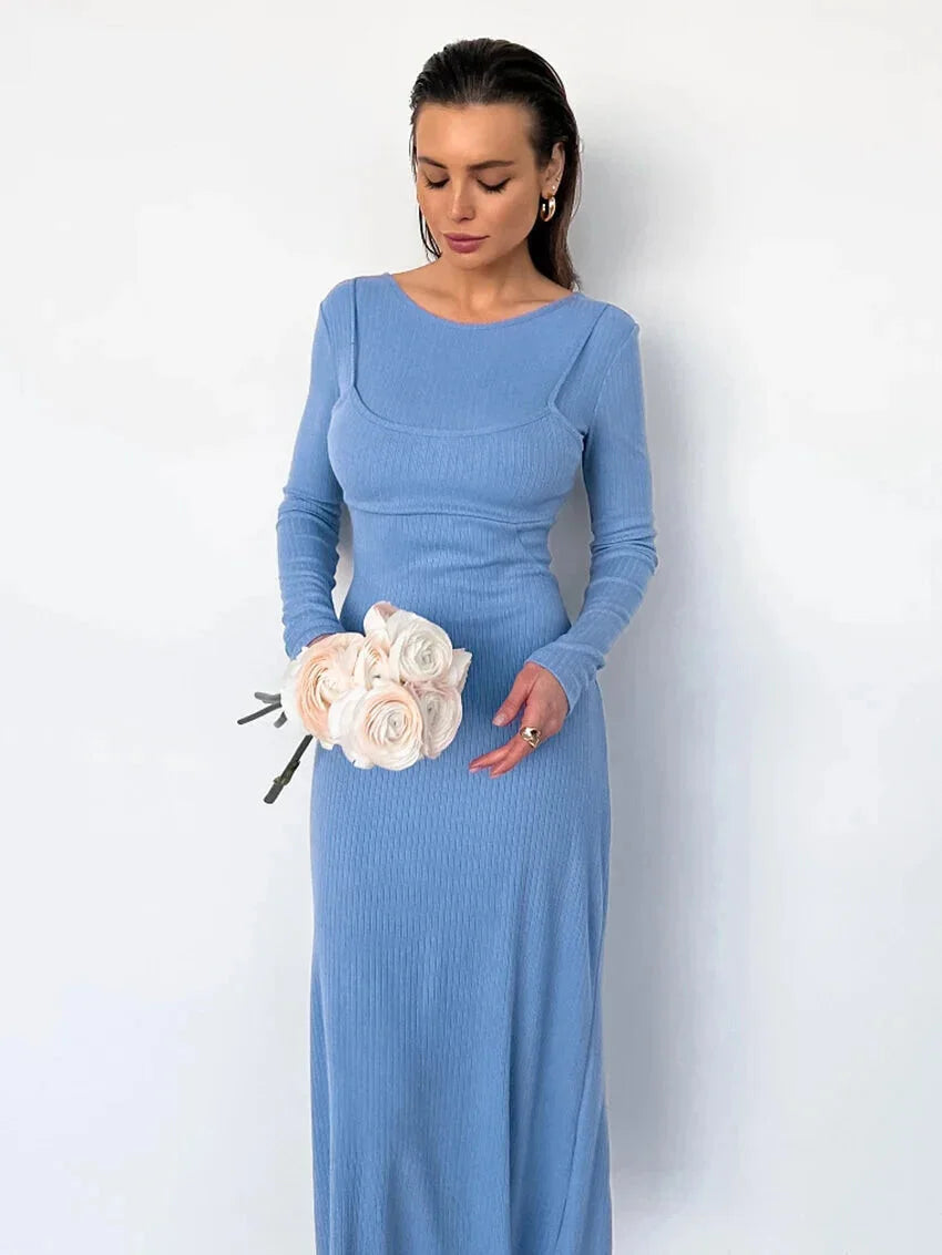 Maxi Dresses - Long Sleeve Ribbed Maxi Dress