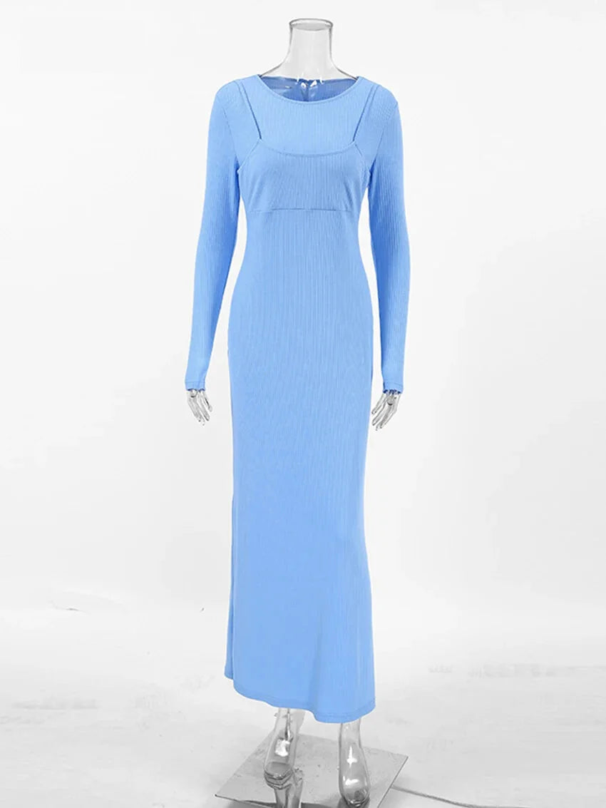 Maxi Dresses - Long Sleeve Ribbed Maxi Dress