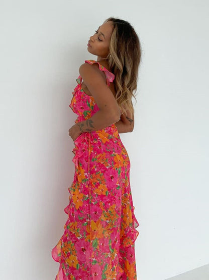 Maxi Dresses - Luxurious Floral Print & Ruffles V-Neck Midi Dress