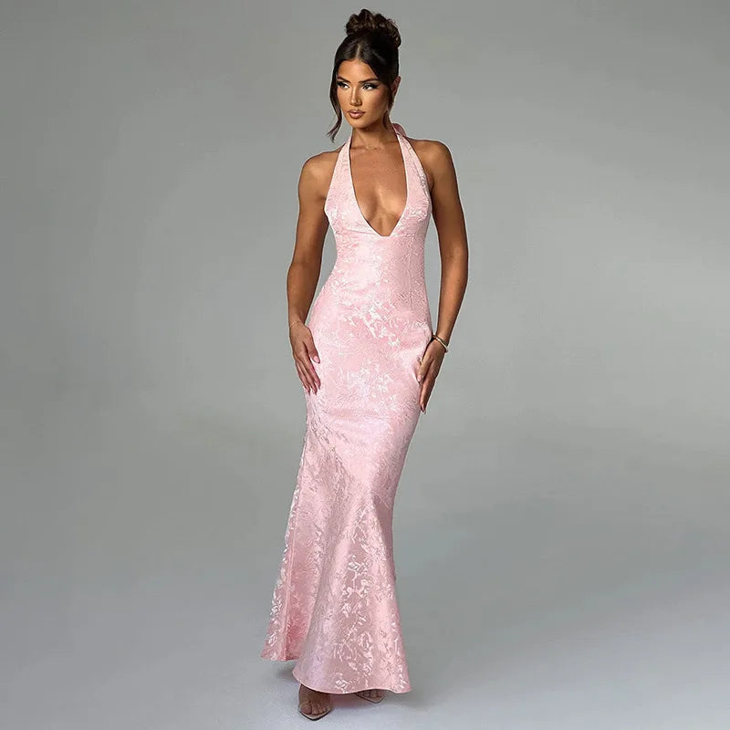 Maxi Dresses - Plunge Perfection Jacquard Evening Gown