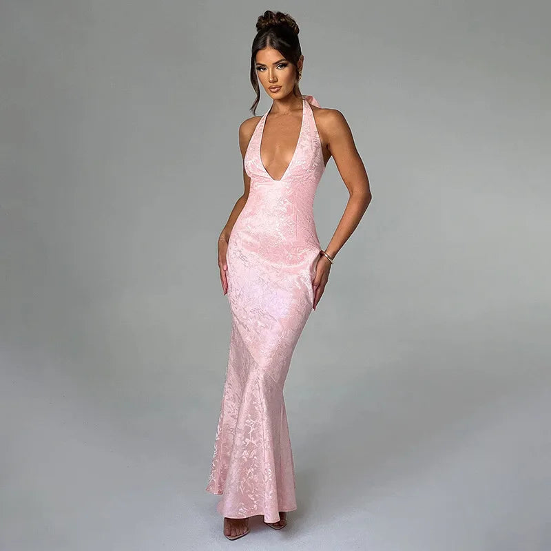 Maxi Dresses - Plunge Perfection Jacquard Evening Gown