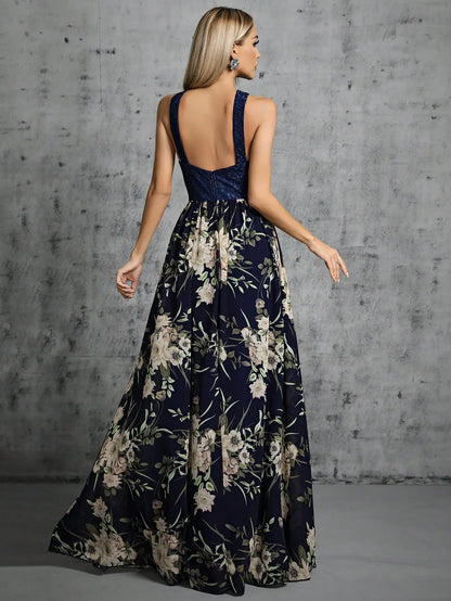 Maxi Dresses - Romantic Navy Floral Maxi Dress for Boho Bridesmaids