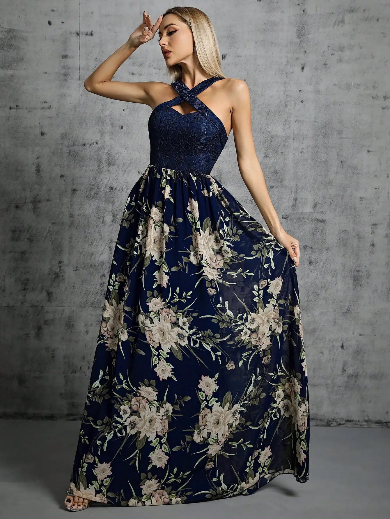 Maxi Dresses - Romantic Navy Floral Maxi Dress for Boho Bridesmaids