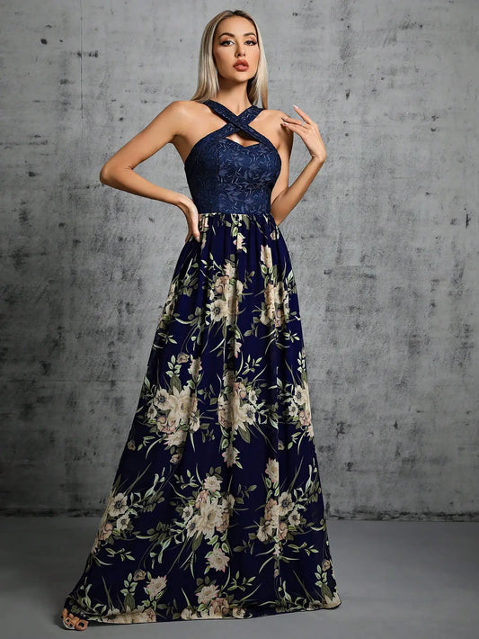 Maxi Dresses - Romantic Navy Floral Maxi Dress for Boho Bridesmaids