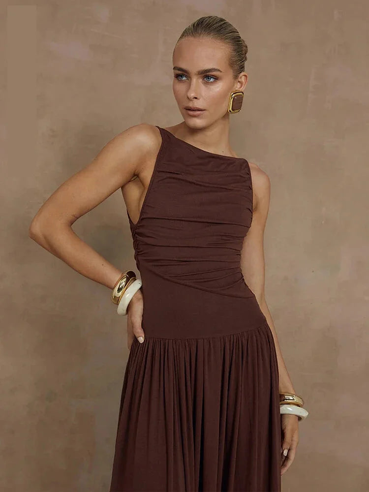 Maxi Dresses- Ruched Sleeveless Maxi Dress for Formal Occasions