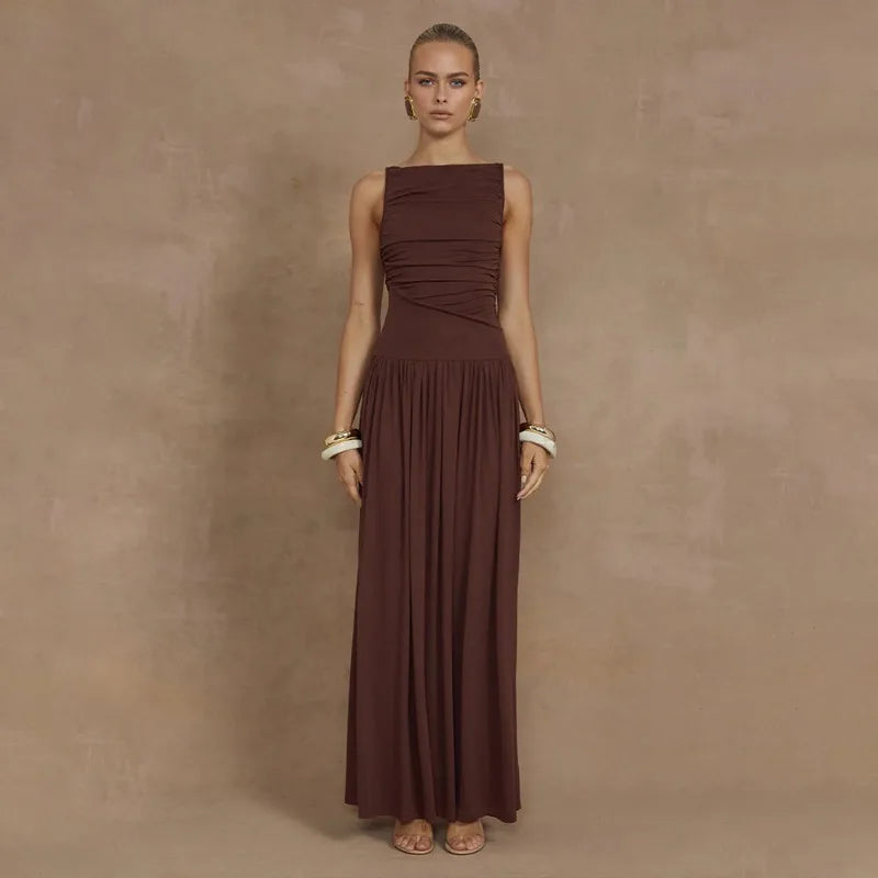 Maxi Dresses- Ruched Sleeveless Maxi Dress for Formal Occasions