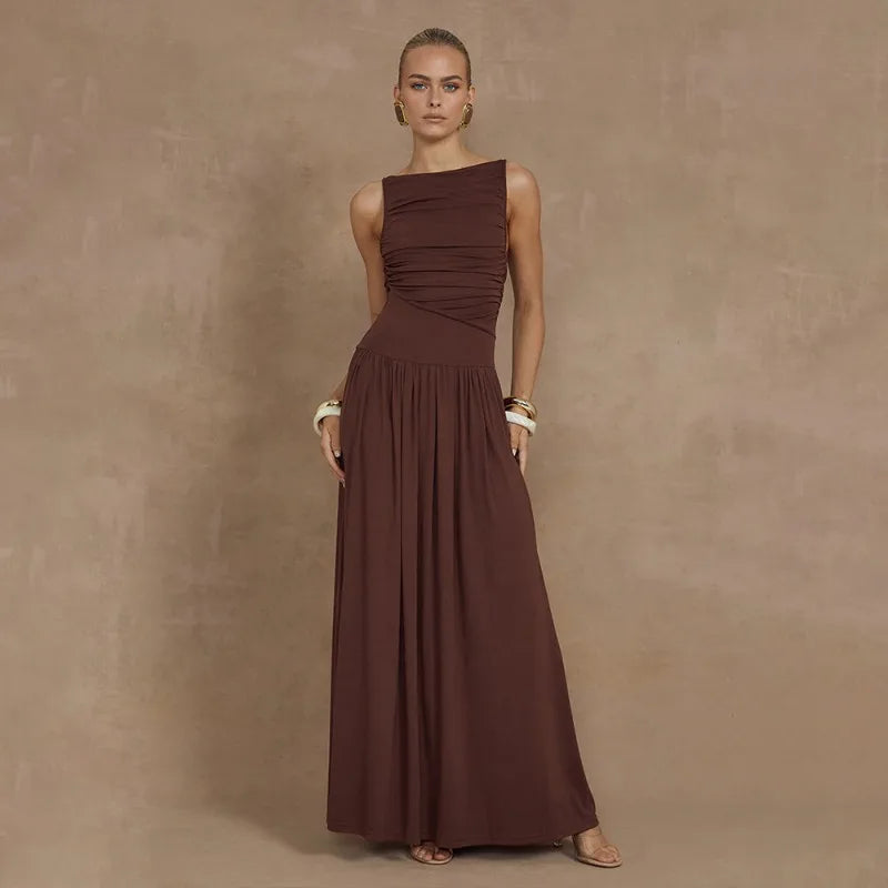 Maxi Dresses- Ruched Sleeveless Maxi Dress for Formal Occasions