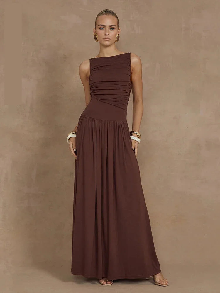 Maxi Dresses- Ruched Sleeveless Maxi Dress for Formal Occasions