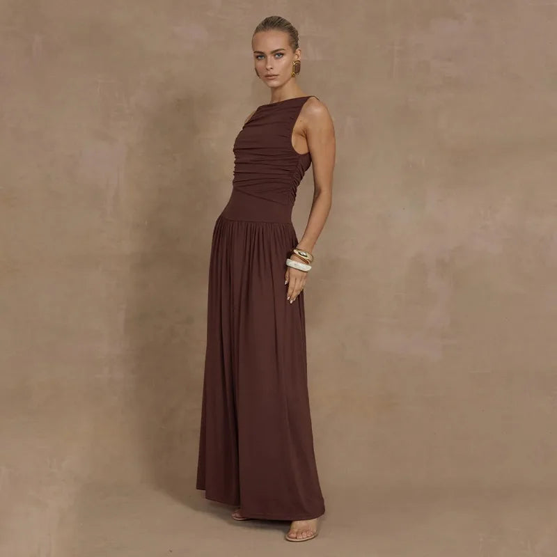 Maxi Dresses- Ruched Sleeveless Maxi Dress for Formal Occasions