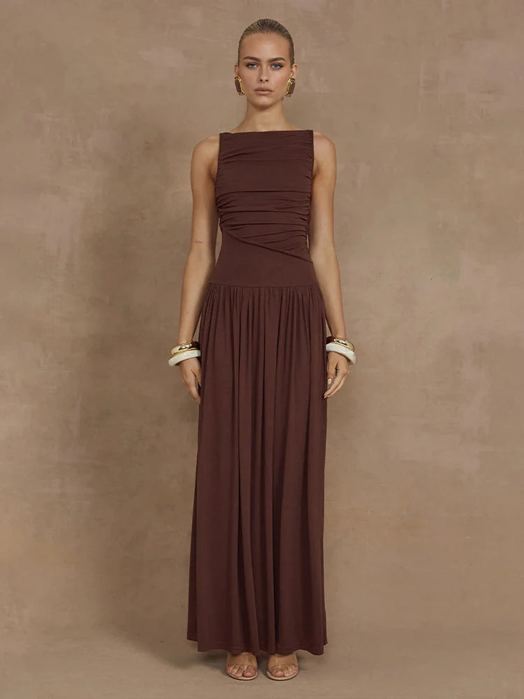 Maxi Dresses- Ruched Sleeveless Maxi Dress for Formal Occasions