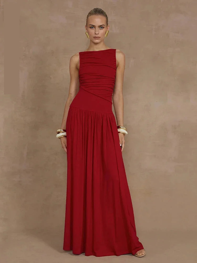 Maxi Dresses- Ruched Sleeveless Maxi Dress for Formal Occasions