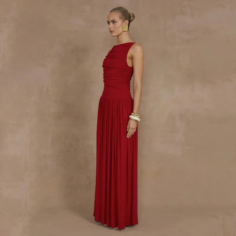 Maxi Dresses- Ruched Sleeveless Maxi Dress for Formal Occasions