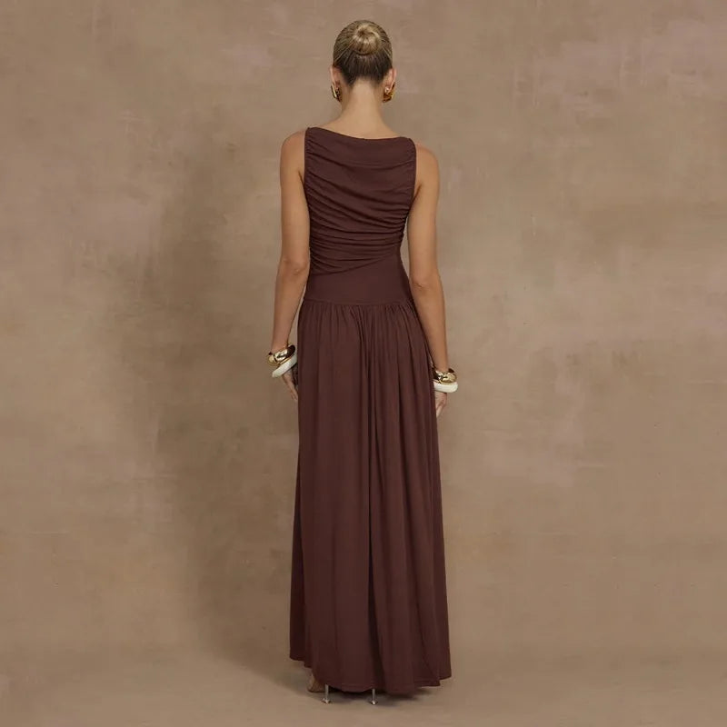 Maxi Dresses- Ruched Sleeveless Maxi Dress for Formal Occasions