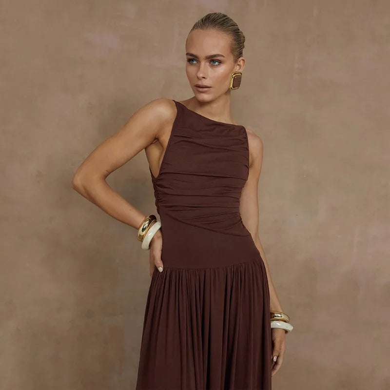 Maxi Dresses- Ruched Sleeveless Maxi Dress for Formal Occasions