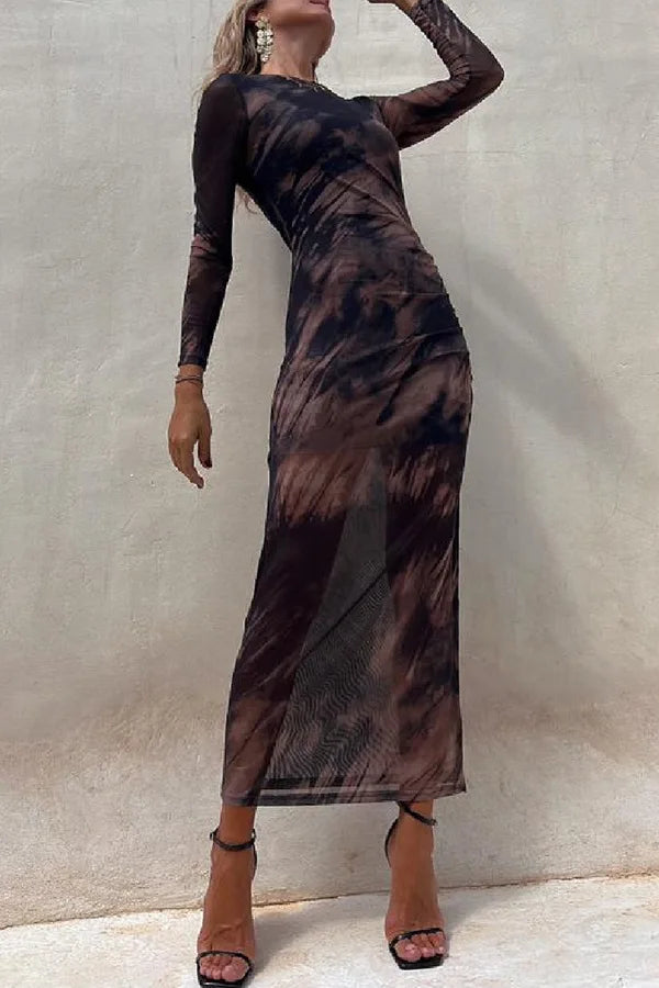 Maxi Dresses - See-through Long-Sleeve Maxi Dress for Upscale Gatherings