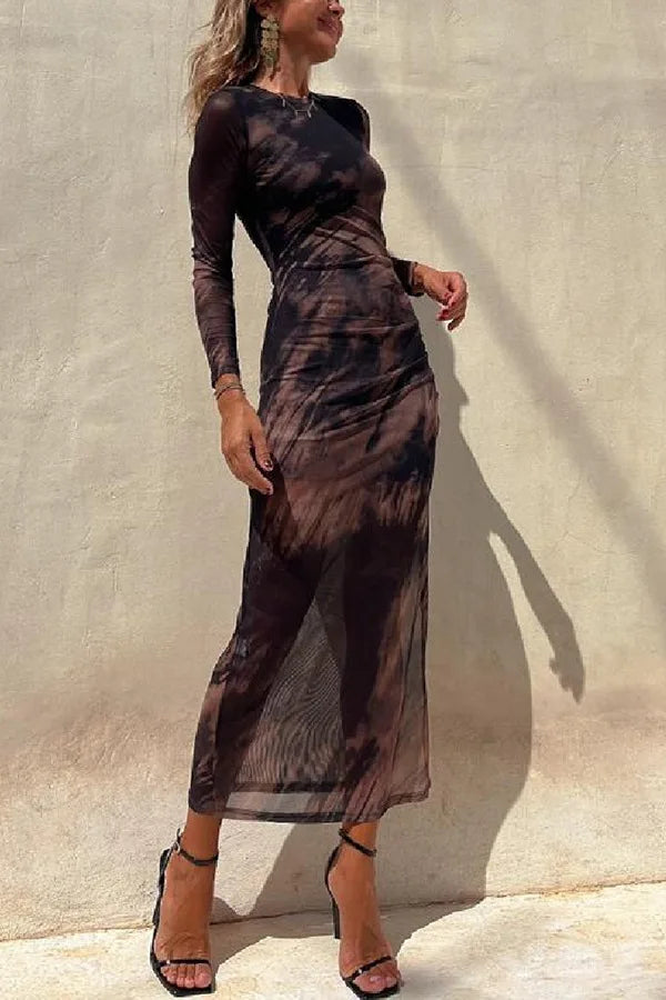 Maxi Dresses - See-through Long-Sleeve Maxi Dress for Upscale Gatherings