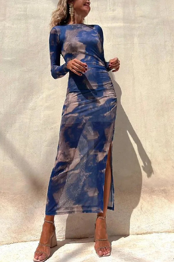 Maxi Dresses - See-through Long-Sleeve Maxi Dress for Upscale Gatherings