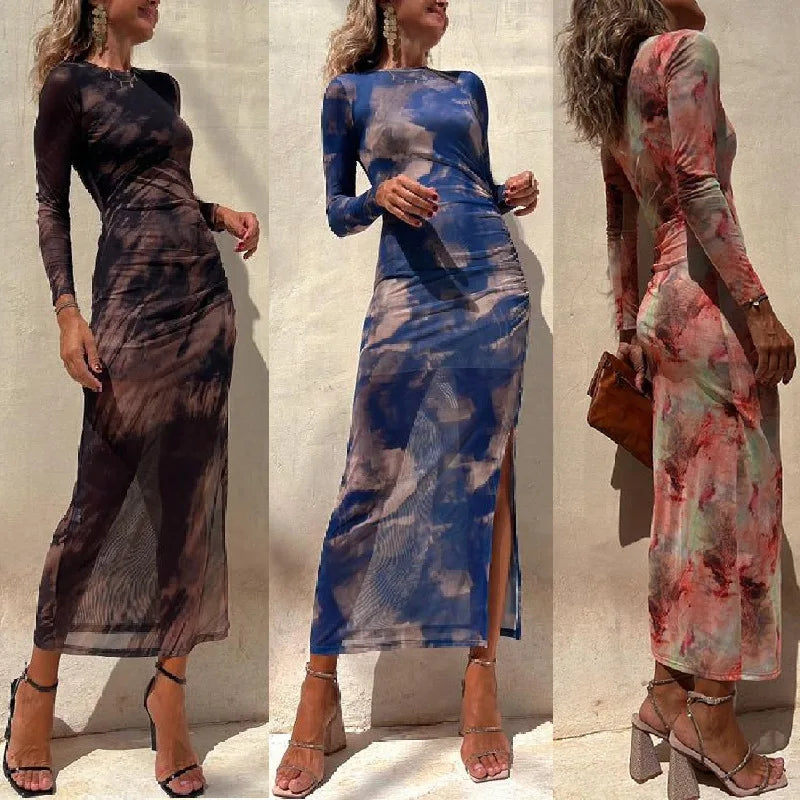 Maxi Dresses - See-through Long-Sleeve Maxi Dress for Upscale Gatherings