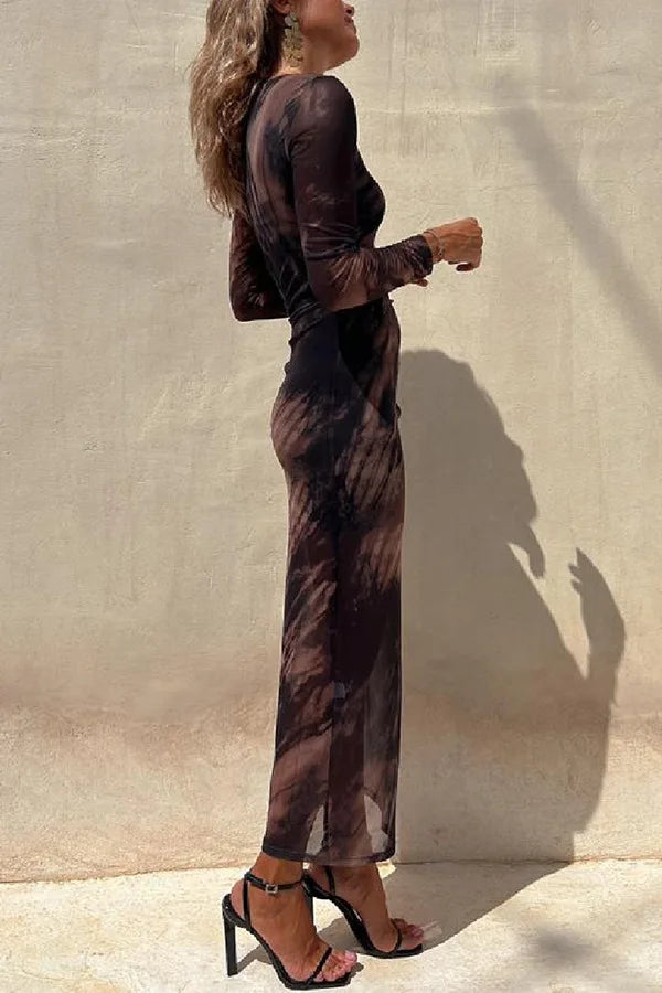 Maxi Dresses - See-through Long-Sleeve Maxi Dress for Upscale Gatherings