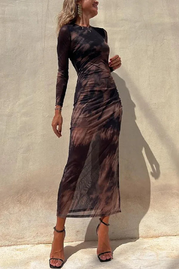 Maxi Dresses - See-through Long-Sleeve Maxi Dress for Upscale Gatherings