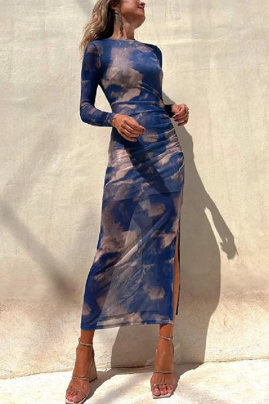 Maxi Dresses - See-through Long-Sleeve Maxi Dress for Upscale Gatherings