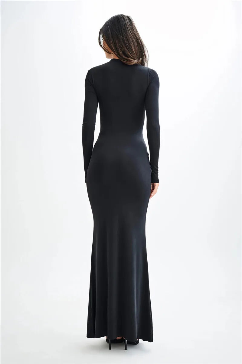 Maxi Dresses - Sleek Diagonal Collar Maxi Dress for Formal Wear