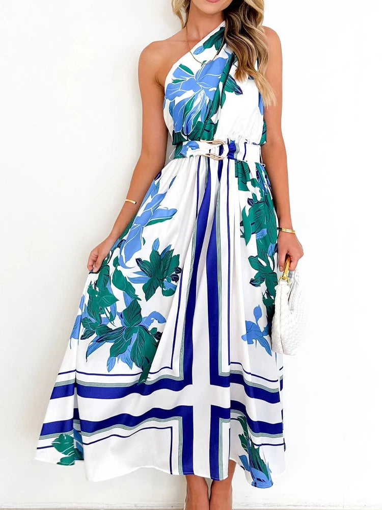 Maxi Dresses - Sleeveless Asymmetric Belted Waist Flowy Maxi Dress