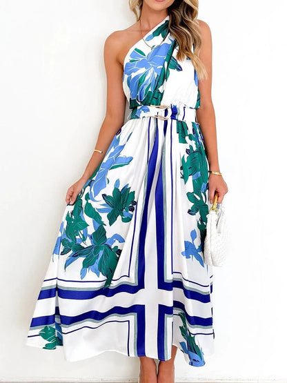 Maxi Dresses - Sleeveless Asymmetric Belted Waist Flowy Maxi Dress