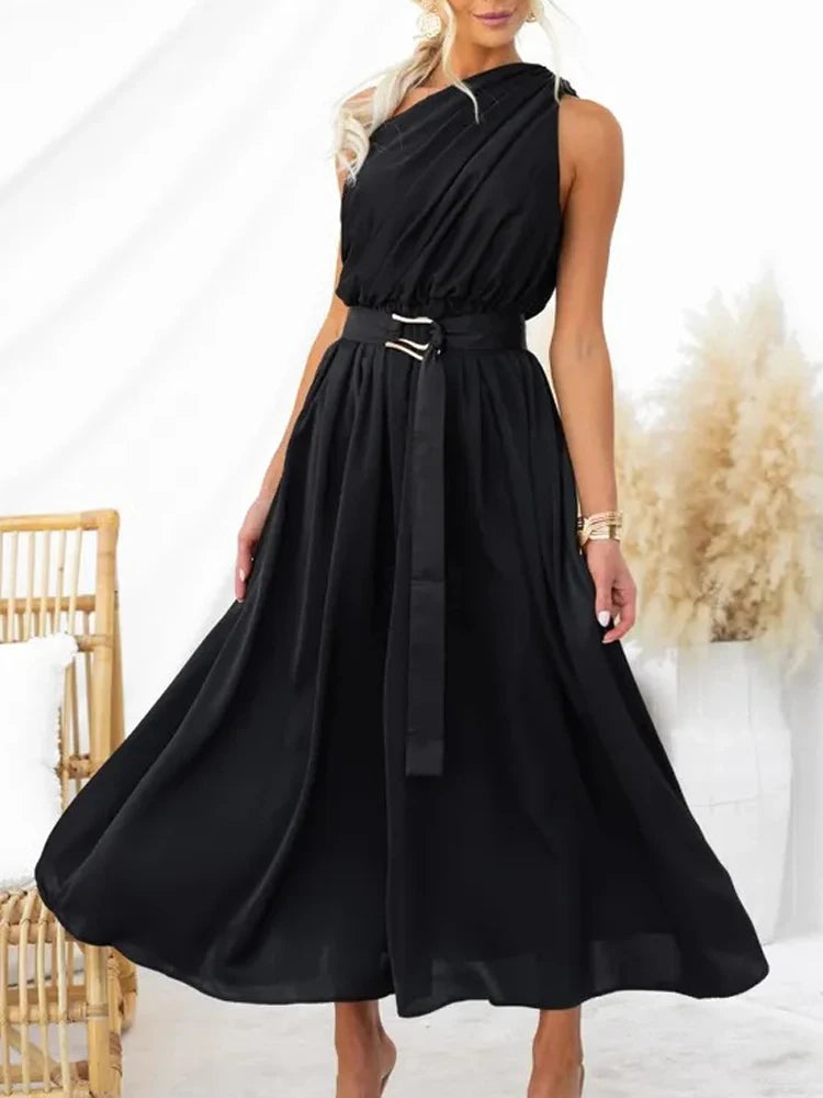 Maxi Dresses - Sleeveless Asymmetric Belted Waist Flowy Maxi Dress