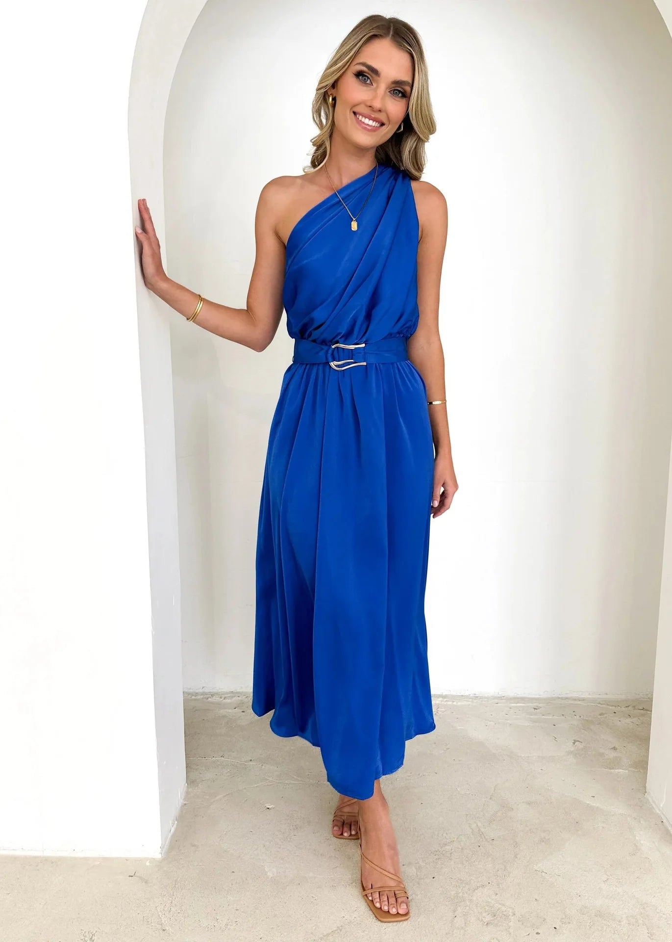 Maxi Dresses - Sleeveless Asymmetric Belted Waist Flowy Maxi Dress