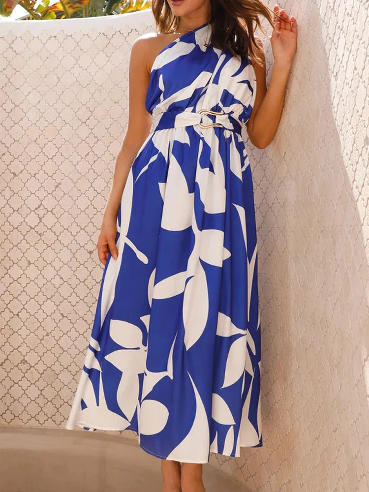 Maxi Dresses - Sleeveless Asymmetric Belted Waist Flowy Maxi Dress