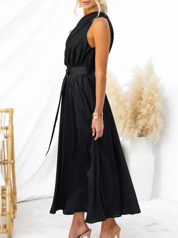 Maxi Dresses - Sleeveless Asymmetric Belted Waist Flowy Maxi Dress