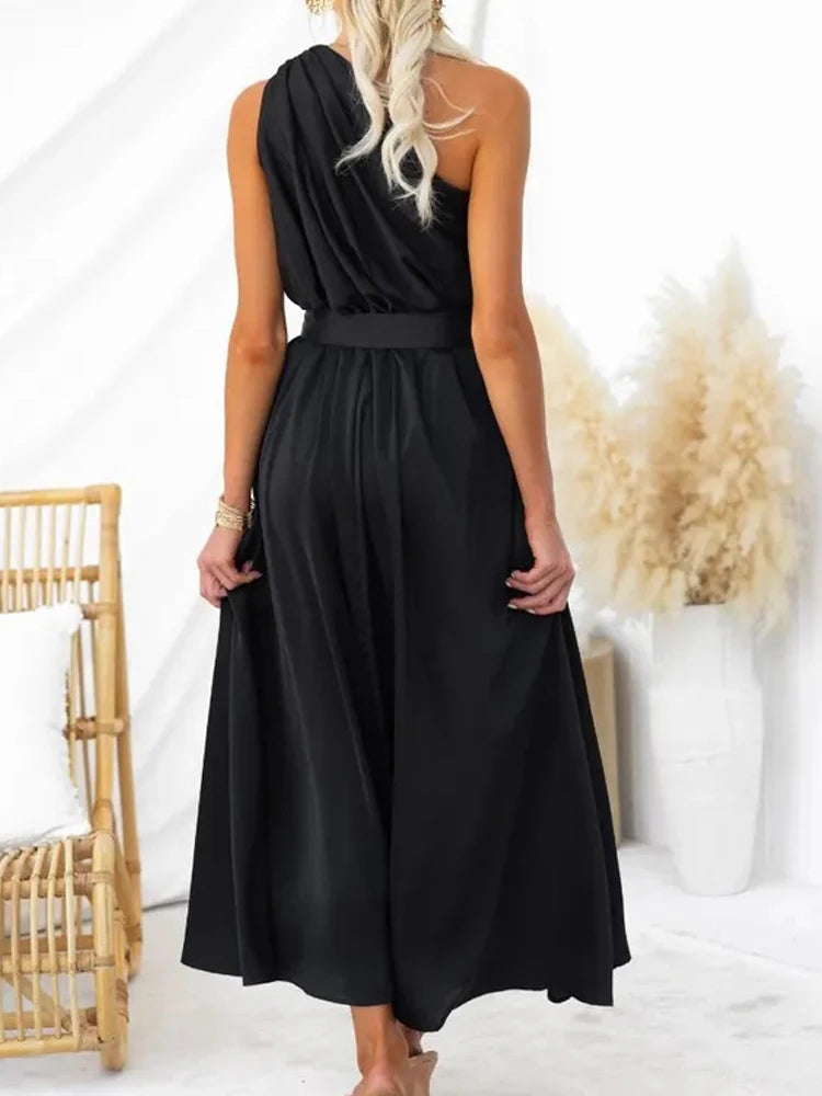 Maxi Dresses - Sleeveless Asymmetric Belted Waist Flowy Maxi Dress