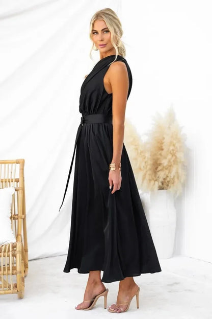 Maxi Dresses - Sleeveless Asymmetric Belted Waist Flowy Maxi Dress