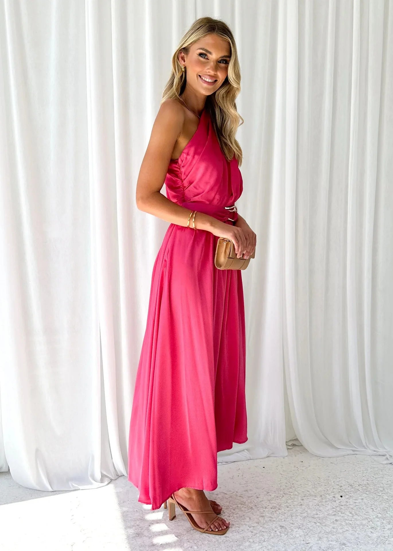 Maxi Dresses - Sleeveless Asymmetric Belted Waist Flowy Maxi Dress