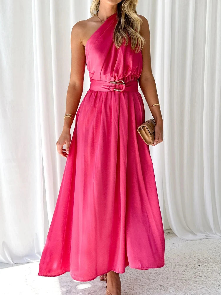 Maxi Dresses - Sleeveless Asymmetric Belted Waist Flowy Maxi Dress