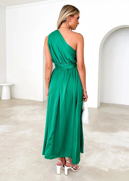 Maxi Dresses - Sleeveless Asymmetric Belted Waist Flowy Maxi Dress