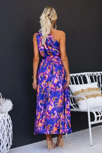 Maxi Dresses - Sleeveless Asymmetric Belted Waist Flowy Maxi Dress